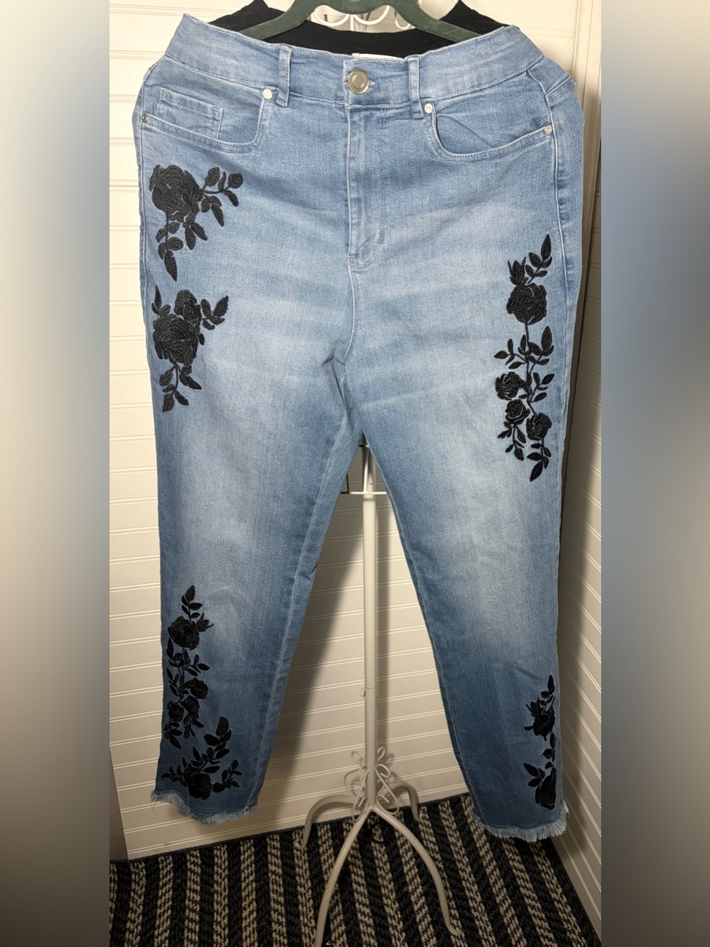 K Jordan Light Blue Ankle Jeans with Black Floral Embroidery